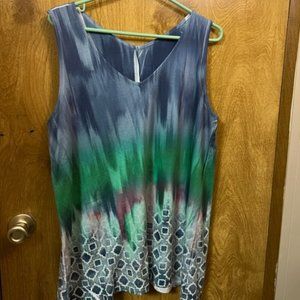 Blue/Green/Cranberry Print Blouse with Cape 2X